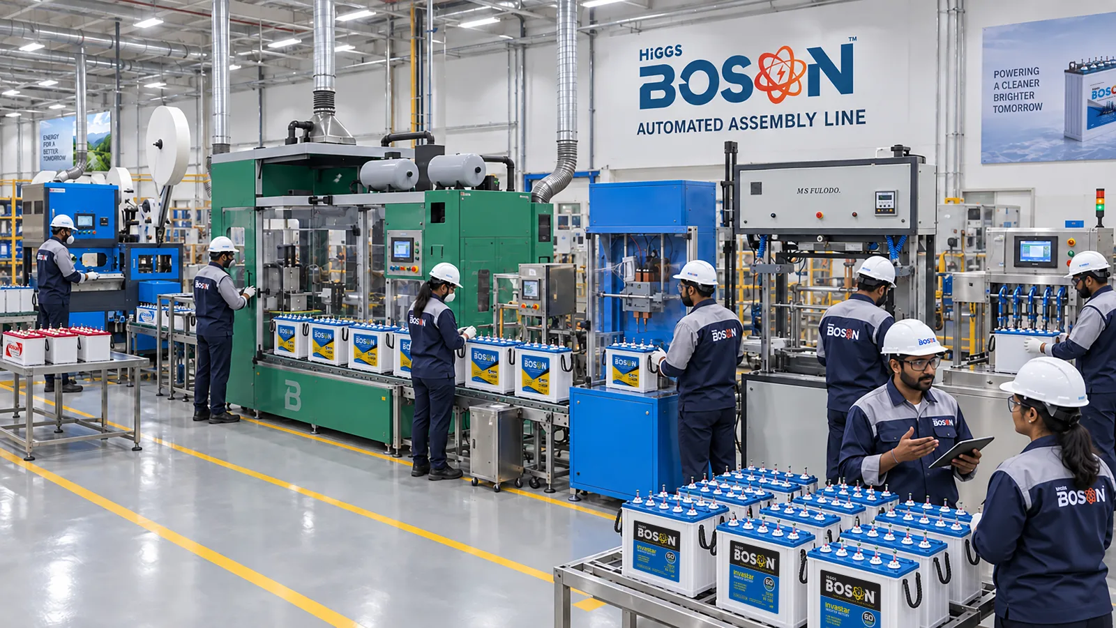Boson batteries moving through an automated factory assembly line