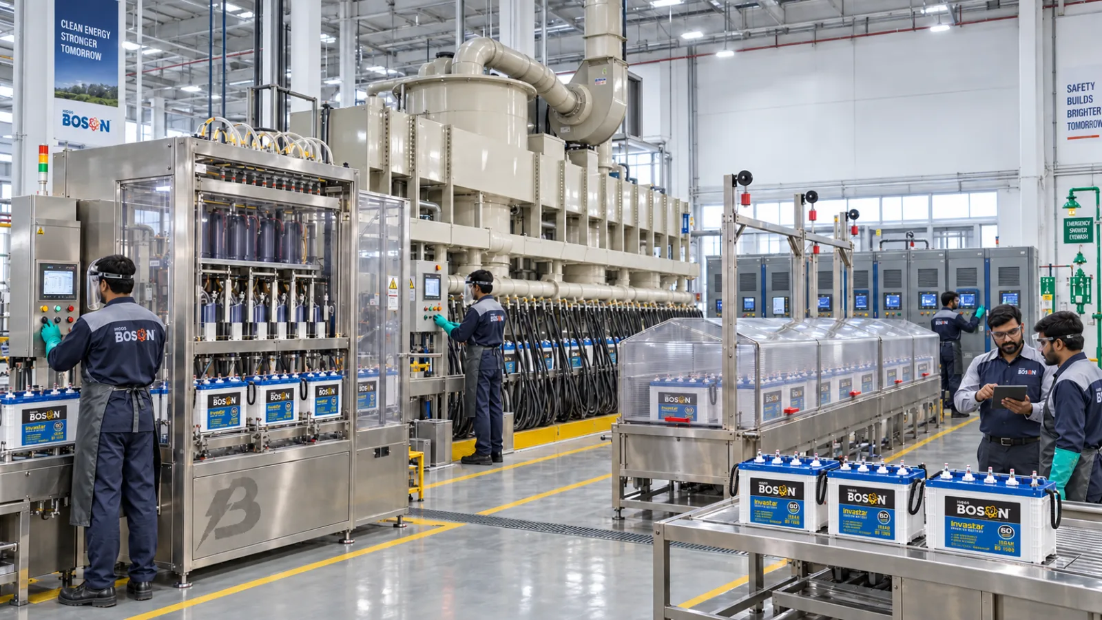 Boson batteries moving through a monitored factory production line