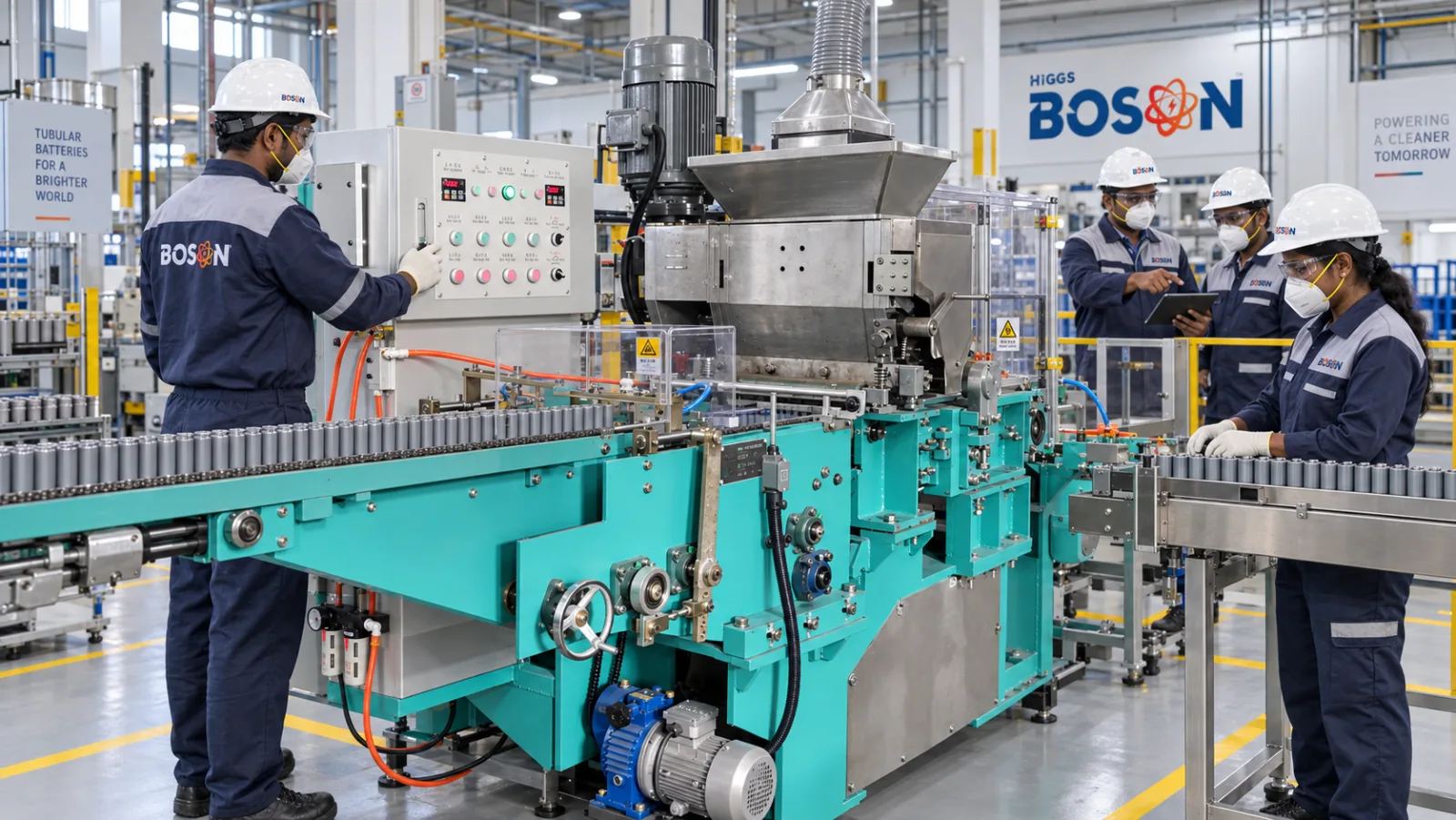 Lead-acid battery plate pasting machine in operation