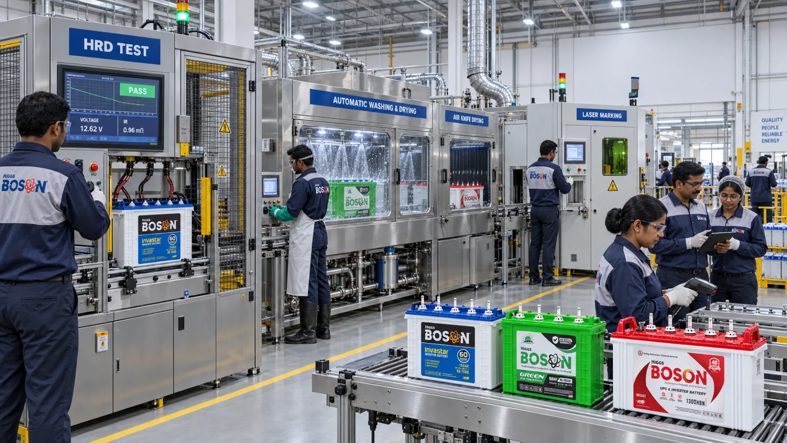 Boson battery final testing, washing, drying and laser marking line